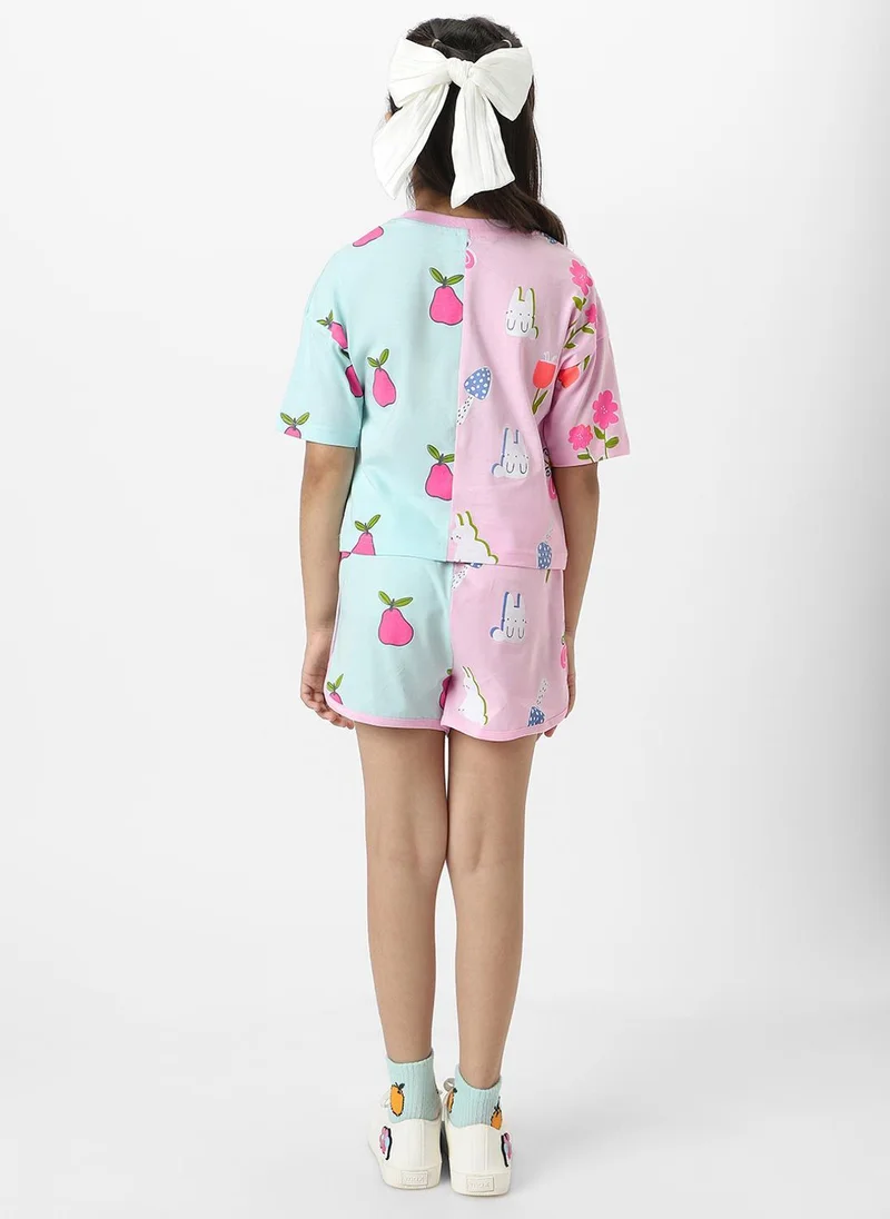 Nautinati Nautinati Girls' Pink and Blue 100% Cotton Colourblock Combo Set of Graphic T-shirt and Shorts