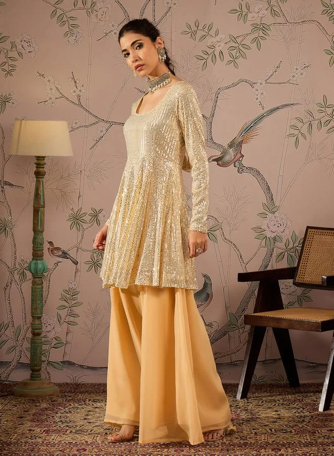 SASSAFRAS Embellished Sequins Peplum Top with Flared Pants Set by Styli