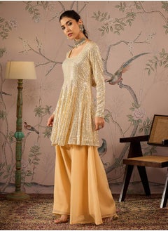 SASSAFRAS Embellished Sequins Peplum Top with Flared Pants Set by Styli  - Image 3