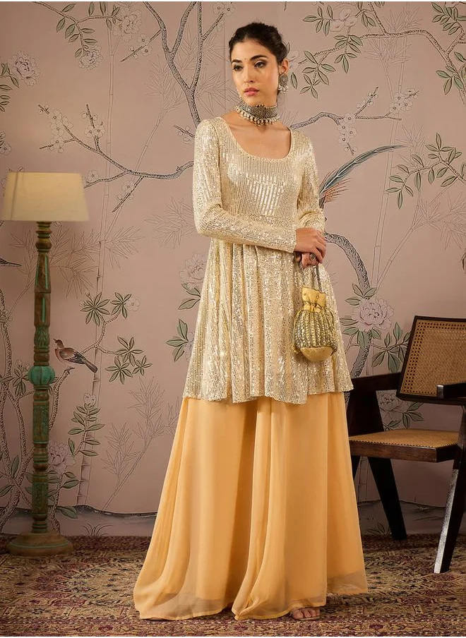 SASSAFRAS Embellished Sequins Peplum Top with Flared Pants Set by Styli