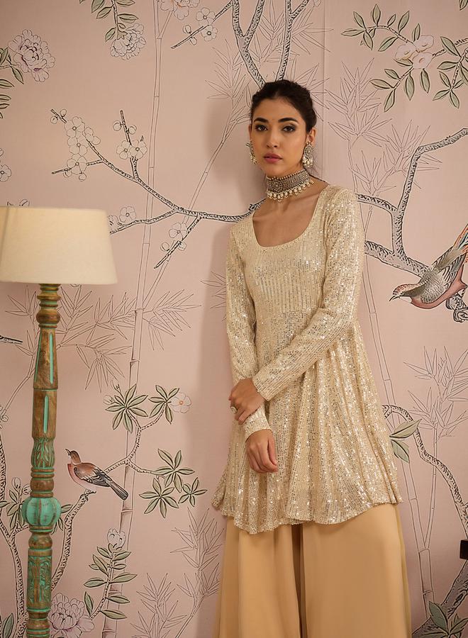 ساسافراس طقم بلوزة بيبلوم مرصعة بالترتر مع بنطلون واسع من ستايلي - Image 2