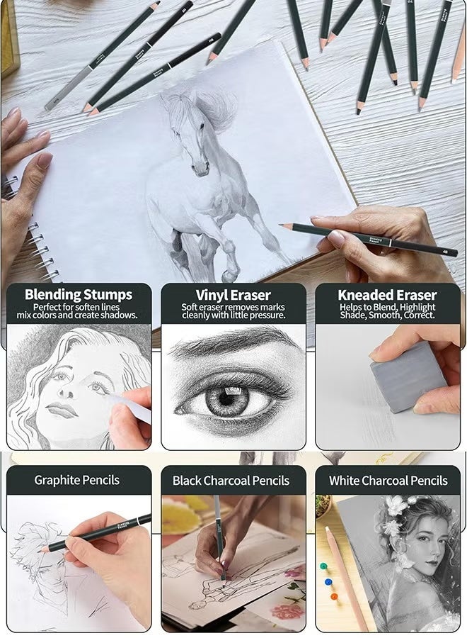 مجموعة أقلام رسم مكونة من 19 قطعة، مجموعة رسم احترافية مع قلم فحم وسكين متعدد الاستخدامات وممحاة، مناسبة للرسم والتخطيط والتظليل والتفصيل - Image 5