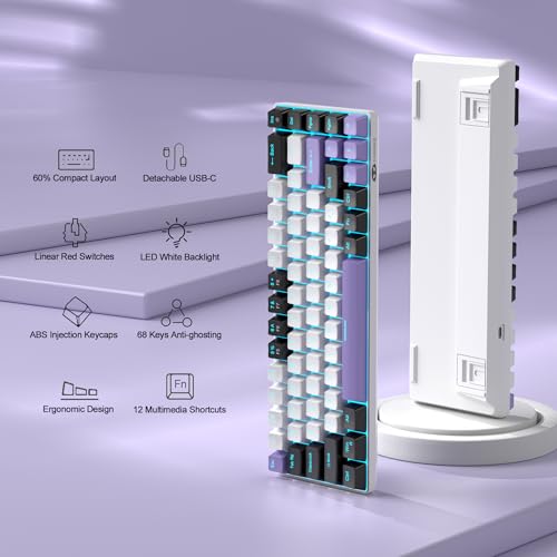 MageGee كيبورد ميكانيكي للألعاب محمول MageGee بنسبة 60%، MK-Box بإضاءة خلفية LED، كيبورد مكتبي مدمج 68 مفتاح سلكي مع مفتاح أحمر لأجهزة ويندوز ولابتوب PC وماك - أبيض/بنفسجي - Image 2