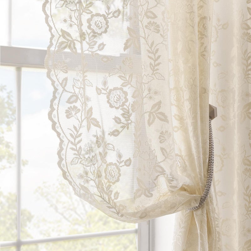 FINECITY Light Beige Lace Curtains 54 Inch Length 2 Panels Rustic Leaf Floral Vintage Sheer Lace Curtains for Small Windows, Rod Pocket Privacy Vintage Sheer Lacy Curtain Panels, 52x54 Inch - Image 1