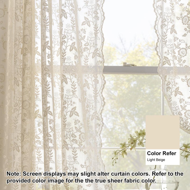 FINECITY Light Beige Lace Curtains 54 Inch Length 2 Panels Rustic Leaf Floral Vintage Sheer Lace Curtains for Small Windows, Rod Pocket Privacy Vintage Sheer Lacy Curtain Panels, 52x54 Inch - Image 5