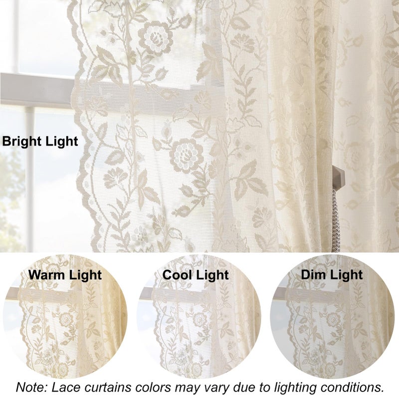 FINECITY Light Beige Lace Curtains 54 Inch Length 2 Panels Rustic Leaf Floral Vintage Sheer Lace Curtains for Small Windows, Rod Pocket Privacy Vintage Sheer Lacy Curtain Panels, 52x54 Inch - Image 4