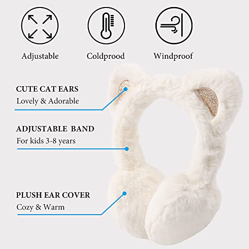 Peecabe Winter Kids Earmuffs Warm Girl Ear Muffs For Toddler Kid Children Earmuff with Cat Ears Girls Ear Warmer (White) - Image 2