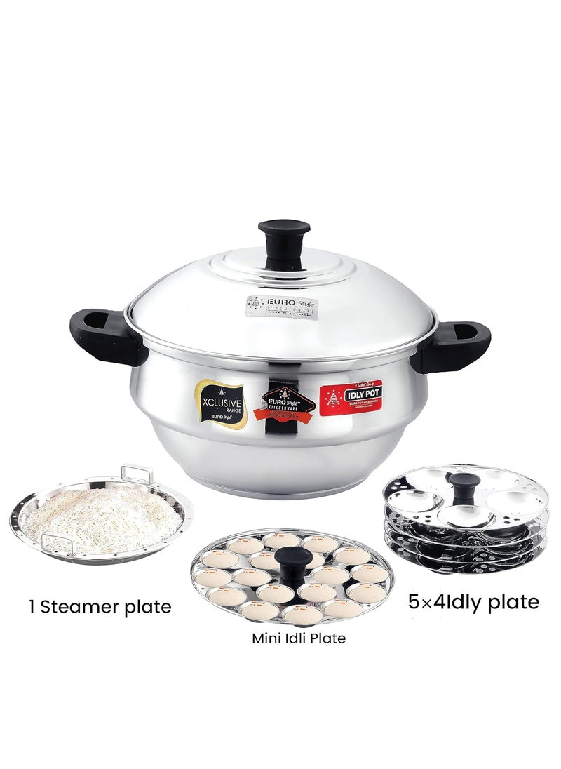 EUROstyle KITCHENWARE COOK WITH COMFORT - Eurostyle Compact 20 Stainless Steel Idli Maker with Encapsulated Sandwich Bottom Includes 4 Idli Plates 20 Pits 1 Steamer Plate for Momos 1 Mini Idli Plate for Idly Dhokla Compact 20 Prime - Image 1