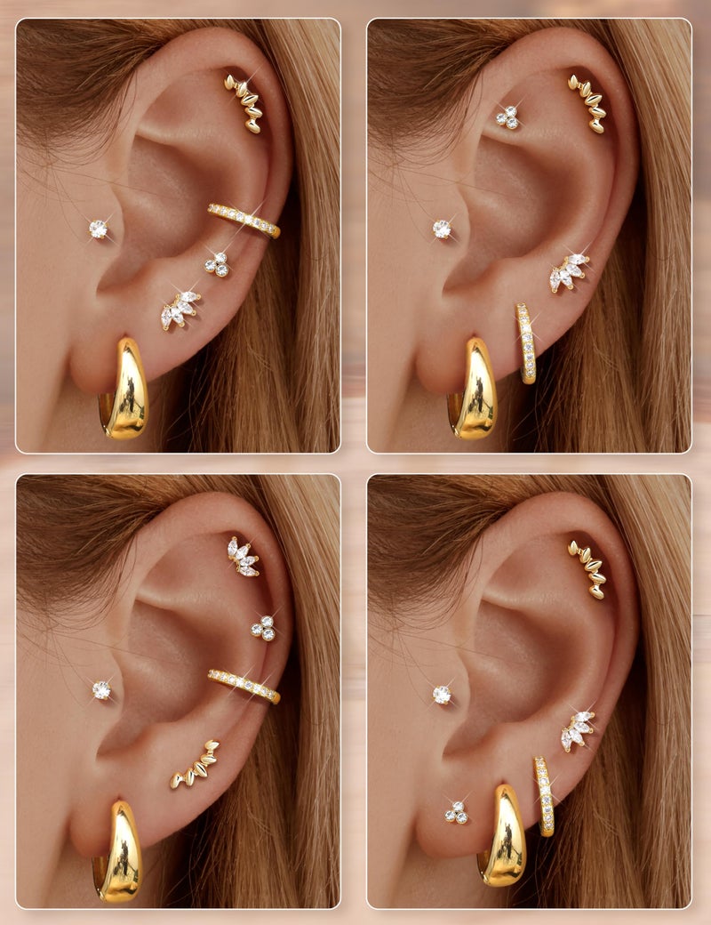 Sanfenly 6 Pairs Flat Back Earrings Gold Plated Stud Cartilage Earrings for Women Trendy Hypoallergenic Surgical Steel Internal Thread Huggie Hoop Studs Earring Stacks Helix Tragus Piercing Jewelry - Image 4