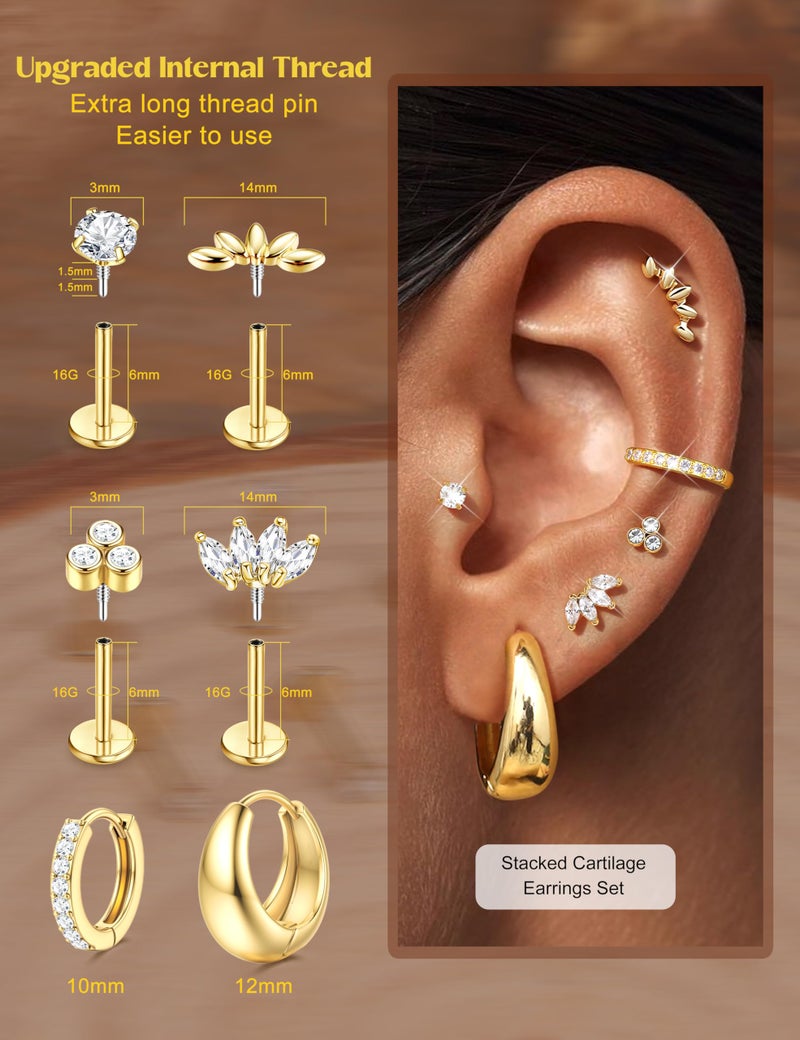 Sanfenly 6 Pairs Flat Back Earrings Gold Plated Stud Cartilage Earrings for Women Trendy Hypoallergenic Surgical Steel Internal Thread Huggie Hoop Studs Earring Stacks Helix Tragus Piercing Jewelry - Image 2