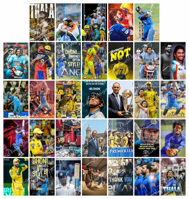 DivineDesigns Pack of 33 MS Dhoni Wall Collage Kit Posters | Posters for Wall Decoration | Wall Art For Bedroom, Office, Living room, (6 inch X 4 inch) Set of 33 MS Dhoni Prints - Image 1