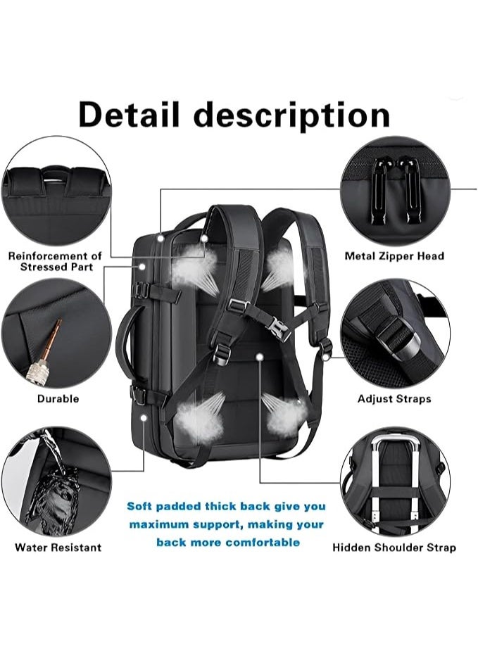 Poreh Guardian 15.6" Anti-Theft Laptop Backpack, Expandable 40L Travel Backpack with USB Charging Port, Shoe Compartment & Luggage Strap, Water-Resistant, Men & Women – Black - Image 5