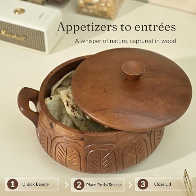 بريك براون صندوق روتي الخشبي المصنوع يدويا، تشطيب من الماهوجني، صندوق تشاباتي للمطبخ، طاجن القدر الساخن لروتي، علبة تقديم أواني المائدة، روتي دابا مع غطاء 107 88 56 بوصة - Image 5