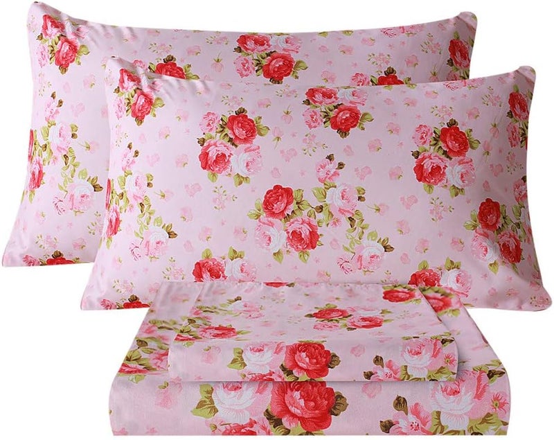 Bedlifes Full Size Sheet Sets Ultra Soft Breathable Silky Flower Bed Sheets Deep Pocket 100% Microfiber Bedding Sheets 4 Piece Full Size Pink Floral(Red Rose) - Image 1