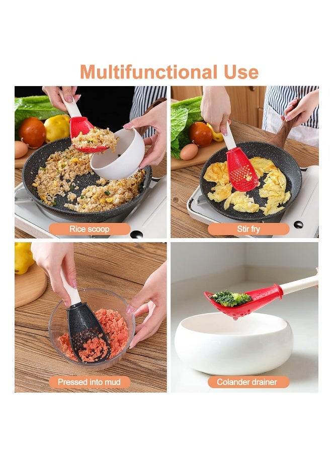 2PCS Multifunctional Kitchen Cooking Skimmer Scoop Strainer, Non-Stick Small Slotted Spatula Utensils for Draining Mashing Grating & Food Filtering, Black Red Kitchen Gadgets - Image 3