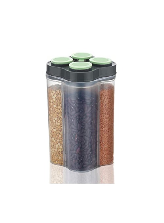 Clazkit Airtight Transparent Plastic Lock Food Storage 4 Section Container Jar for Grocery, Fridge Container Pack of 1, 2500ML- Green - Image 1