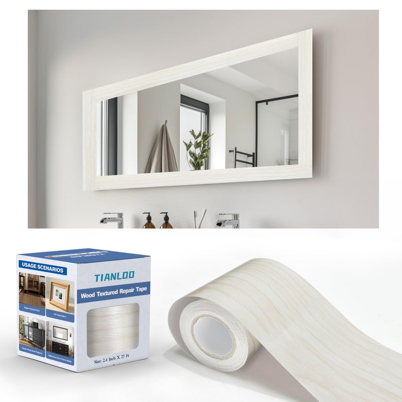 TIANLDD 27 FT Wood Grain Wallpaper Border Removable Waterproof Mirror Border Peel and StickBathroom Mirror Frame BorderWhite Oak