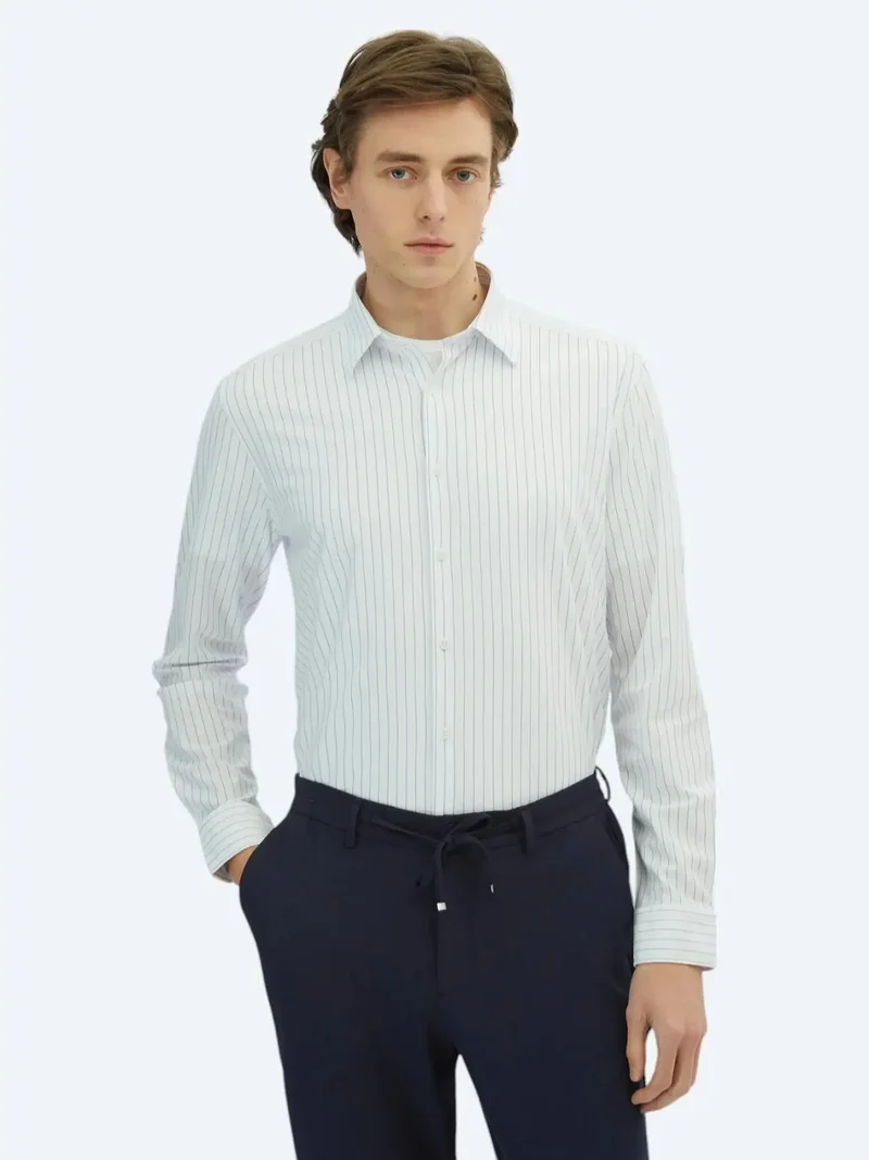 Kip Blue Striped Regular Fit Knitting Casual Cotton Blended Shirt