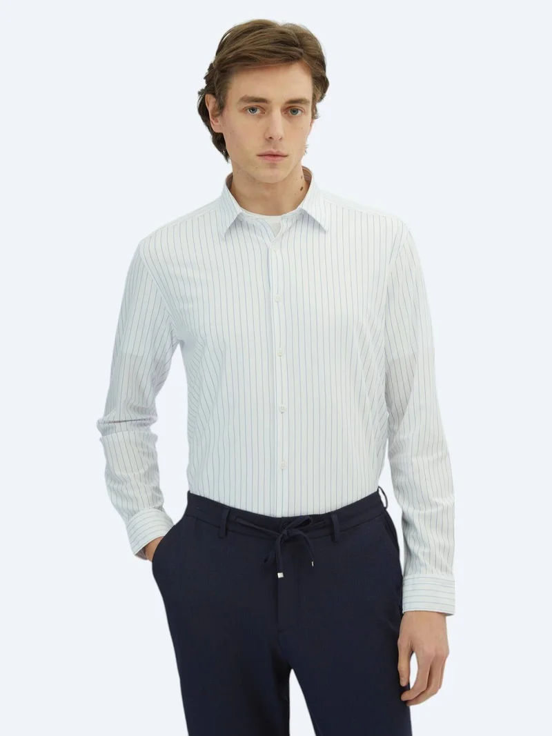Kip Blue Striped Regular Fit Long Knitting Casual Cotton Blended Shirt