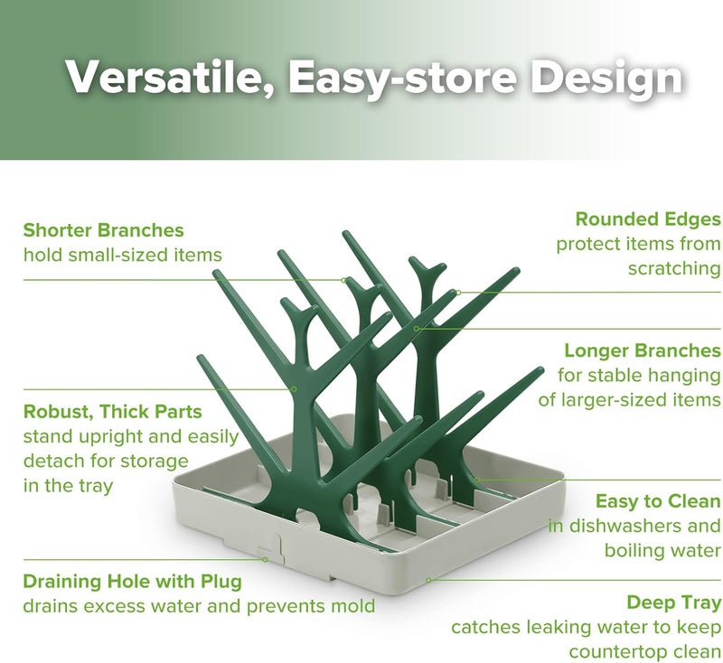 haakaa Baby Bottle Drying Rack - Space Saving Tree for Bottles, Pump Parts, and Pacifiers - BPA Free, Forest Green - Image 4