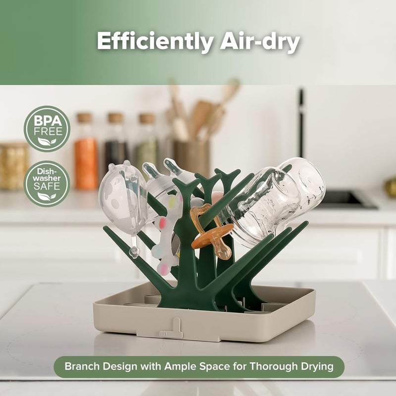 haakaa Baby Bottle Drying Rack - Space Saving Tree for Bottles, Pump Parts, and Pacifiers - BPA Free, Forest Green - Image 2