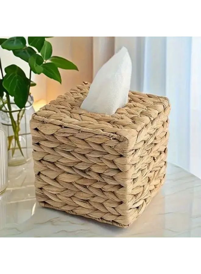 حامل صندوق المناديل المربع من الروطان على الطراز البوهيمي، حرفة طبيعية للحمام وغرفة المعيشة - Image 1