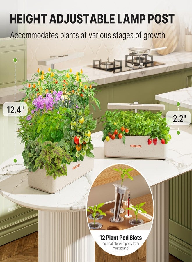 SUNCOZE Hydroponics Growing System Kit 12 Pods, 24W LED Grow Light Indoor Garden, 4L Water Tank with Quiet Pump, Adjustable Height Herb Garden Planter Indoor Kit, Gardening Gifts, Beige - Image 3