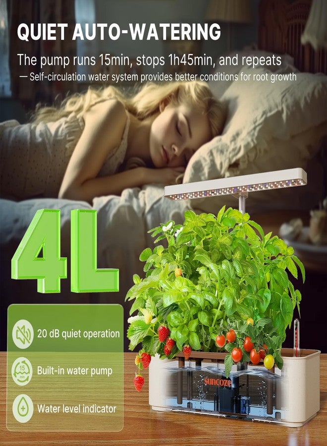 SUNCOZE Hydroponics Growing System Kit 12 Pods, 24W LED Grow Light Indoor Garden, 4L Water Tank with Quiet Pump, Adjustable Height Herb Garden Planter Indoor Kit, Gardening Gifts, Beige - Image 4