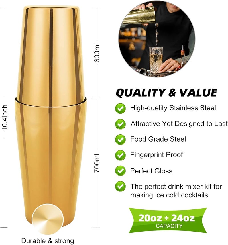 KINGROW Cocktail Shaker Set, 23-Piece Boston Stainless Steel Bartender Kit with Acrylic Stand & Cocktail Recipes Booklet, Professional Bar Tools for Drink Mixing, Home, Bar, Party - Gold - Image 3