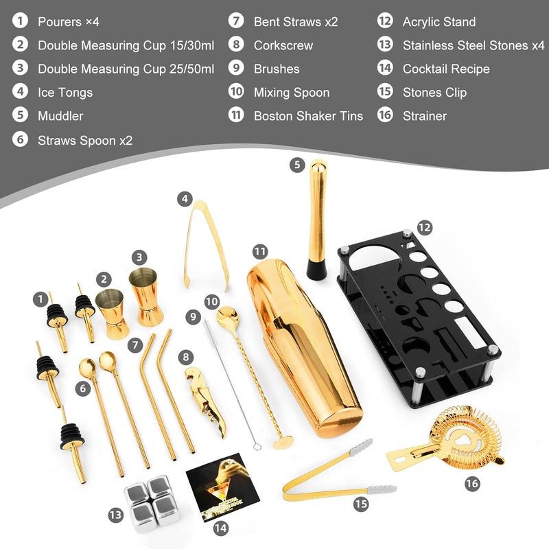 KINGROW Cocktail Shaker Set, 23-Piece Boston Stainless Steel Bartender Kit with Acrylic Stand & Cocktail Recipes Booklet, Professional Bar Tools for Drink Mixing, Home, Bar, Party - Gold - Image 2