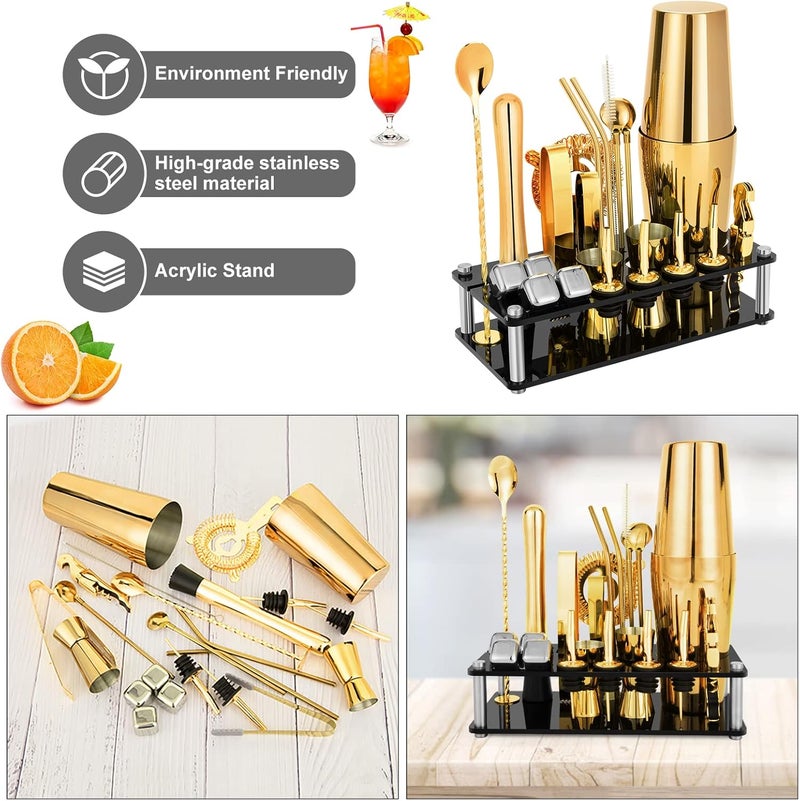 KINGROW Cocktail Shaker Set, 23-Piece Boston Stainless Steel Bartender Kit with Acrylic Stand & Cocktail Recipes Booklet, Professional Bar Tools for Drink Mixing, Home, Bar, Party - Gold - Image 5