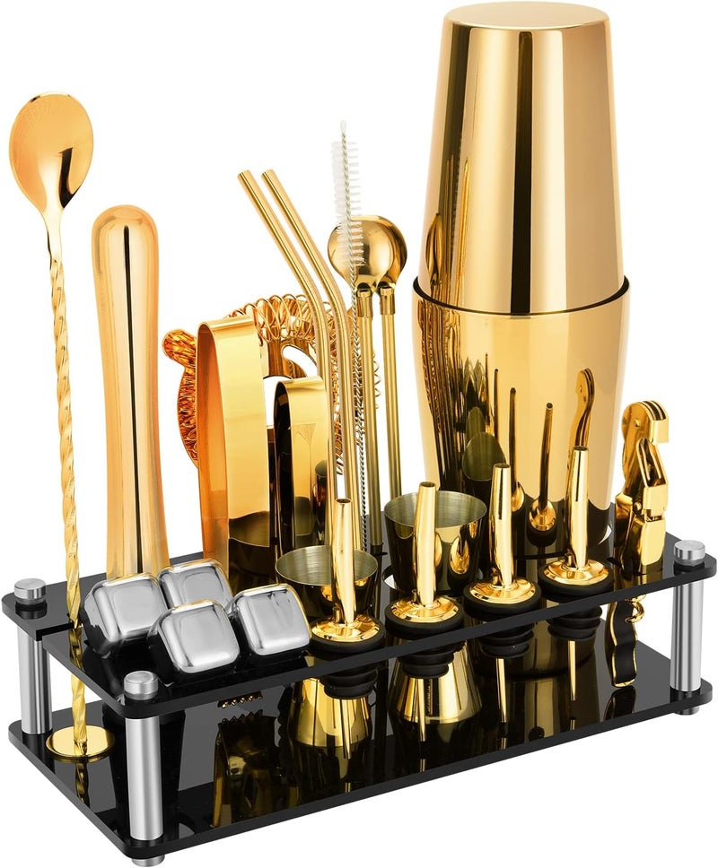 KINGROW Cocktail Shaker Set, 23-Piece Boston Stainless Steel Bartender Kit with Acrylic Stand & Cocktail Recipes Booklet, Professional Bar Tools for Drink Mixing, Home, Bar, Party - Gold - Image 1