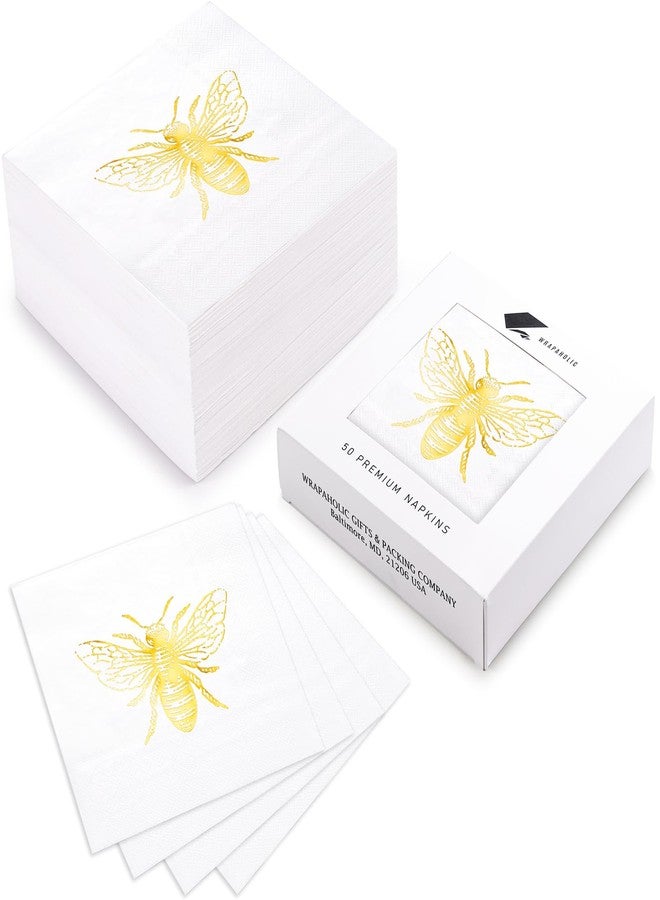 WRAPAHOLIC 50Pcs Bee Wedding Napkins - 3-Ply Gold Foil Bee Disposable Paper Luncheon Napkin for Engagement Wedding Party Supplies Tableware - 6.5 x 6.5 In - Image 2