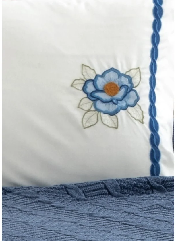 Sevim Knitwear Knitted Embroidered Blanket Set - Double & 4 Piece Bed Set - Tivoli Rosetta - Indigo