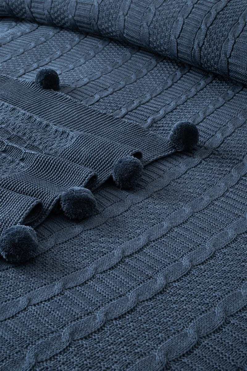 سيفيم Knitwear Knitted Embroidered Blanket Set - Double & 4 Piece Bed Set - Tivoli Rosetta - Indigo