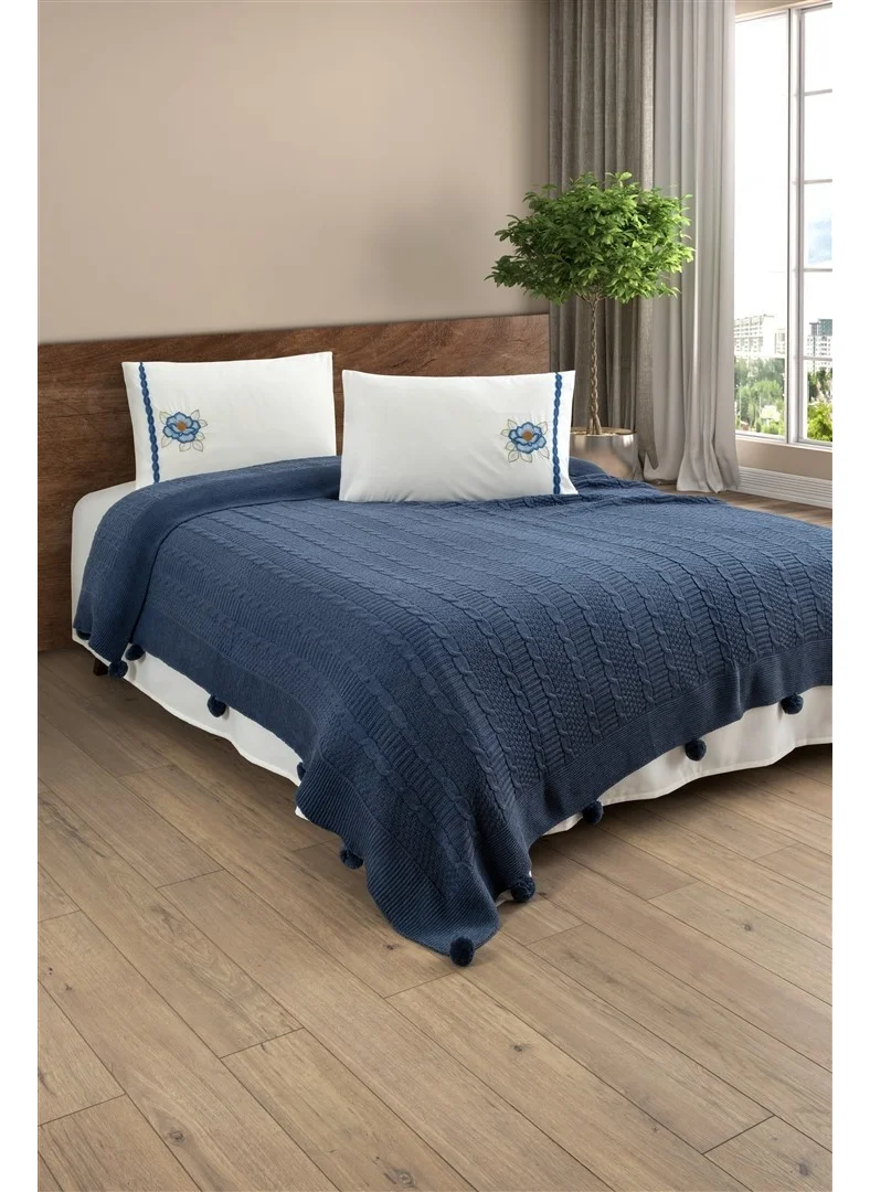 Sevim Knitwear Knitted Embroidered Blanket Set - Double & 4 Piece Bed Set - Tivoli Rosetta - Indigo