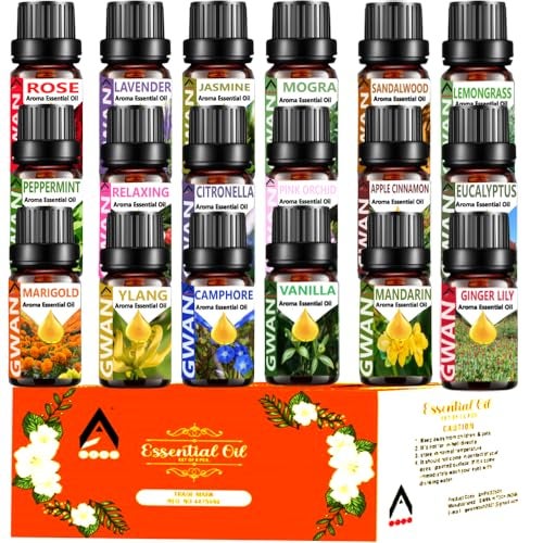 Gwan Aroma Diffuser Oil/Essential oil for Home Fragrance | Best for Aromatherapy | Helps in meditation | Used in Diffusers, Candles, Air Fresheners, Soaps, Humidifier, Diffuser | No Chemicals 10ml Each - (Set of 18) - Image 1