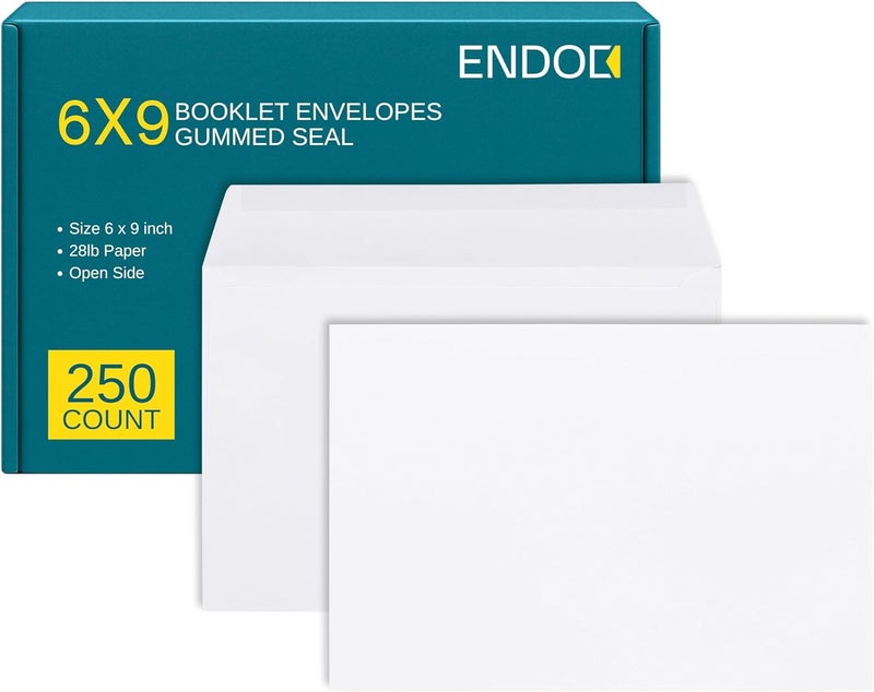 EnDoc 6x9 Booklet Envelopes - 250 pack - Mailing Envelopes with Gummed Seal - White Letter Envelopes Open-Side 6x9 Envelopes - 28 lb Heavy Duty Paper Plain Envelopes for Catalogs, Business, Booklets - Image 1