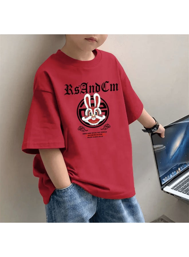 Children's Western Style Short-sleeved T-shirt Base Shirt Summer New Korean Style Boy's Pure Cotton Red Half-sleeved All-match Middle And Big Kids
