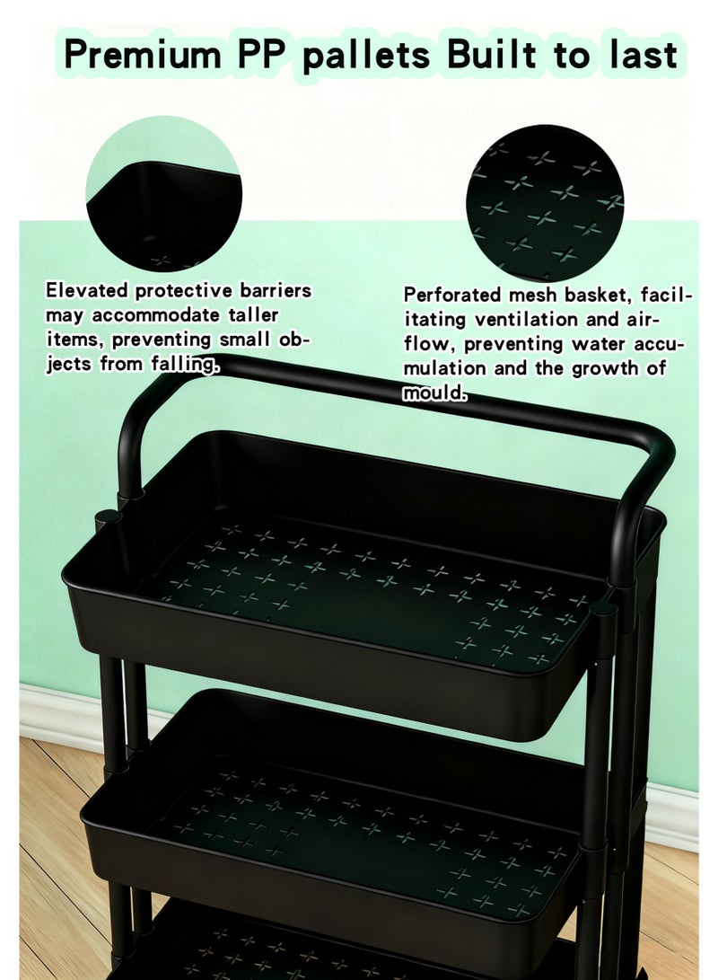 نيونيكس عربة مطبخ متعددة الاستخدامات بثلاثة طوابق مزودة بمقبض وعجلات قابلة للقفل عربة تنظيم معدنية متحركة رف تخزين متعدد الاستخدامات للمطبخ وغرفة المعيشة والحمام والمكتب أسود (أسود) - Image 5