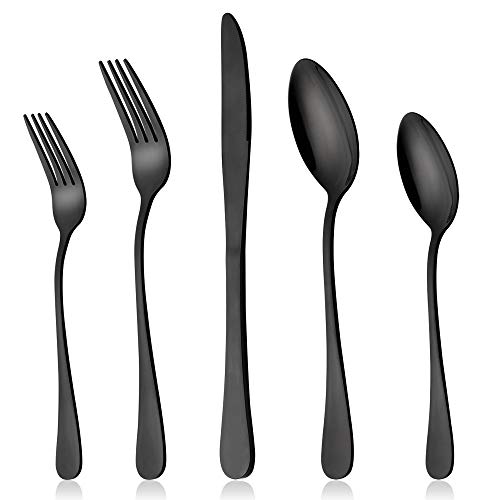 LIANYU Black Silverware Set, LIANYU 20 Piece Stainless Steel Flatware Cutlery Set for 4, Mirror Finish, Dishwasher Safe - Image 1