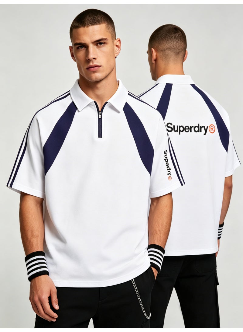 Superdry American contrast half zipper Polo shirt for men and women couples loose sports casual short sleeve shirt. - Image 1