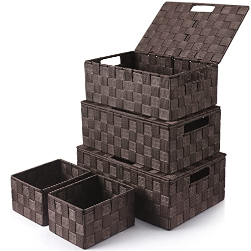 Uvellgift Storage Bins Baskets for Organizing with Lids, Storage Baskets for Shelves Stackable Woven Basket, Gift Small Basket Storage Cubes, Decorative Wicker Basket with Built-in Handles (5 Pack, Brown) - Image 1