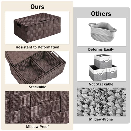 Uvellgift Storage Bins Baskets for Organizing with Lids, Storage Baskets for Shelves Stackable Woven Basket, Gift Small Basket Storage Cubes, Decorative Wicker Basket with Built-in Handles (5 Pack, Brown) - Image 5
