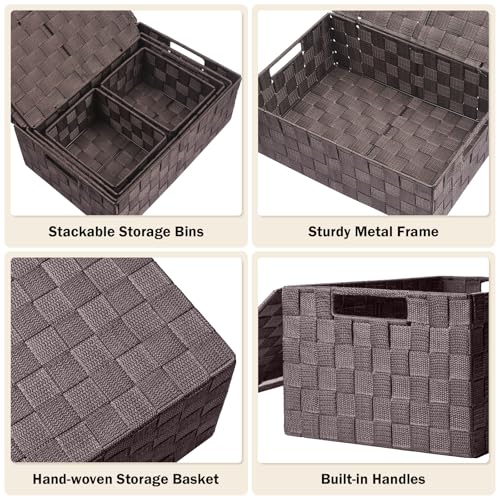Uvellgift Storage Bins Baskets for Organizing with Lids, Storage Baskets for Shelves Stackable Woven Basket, Gift Small Basket Storage Cubes, Decorative Wicker Basket with Built-in Handles (5 Pack, Brown) - Image 4