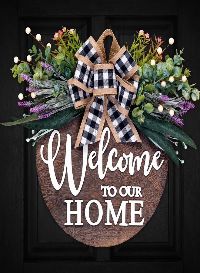 Soosubel 3D Welcome Sign Wreaths for Front Door Outside, Rustic Solid Wood Front Door Decor for Farmhouse Spring Summer, Round Wreaths for Holiday Housewarming Porch Gift - Image 1