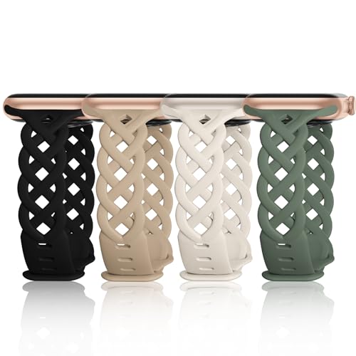 iWabcertoo Slim Silicone Bands Compatible with Apple Watch Band 40mm 38mm 41mm 44mm 45mm 46mm 42mm Women Floral Breathable Braided Lace Thin Sport Strap Replacement Wristbands for iWatch SE Series 11 10 9 8 7 6 5 4 3 ultra 2 (Black/Walnut/Green/Starlight, 38mm/40mm/41mm) - Image 1