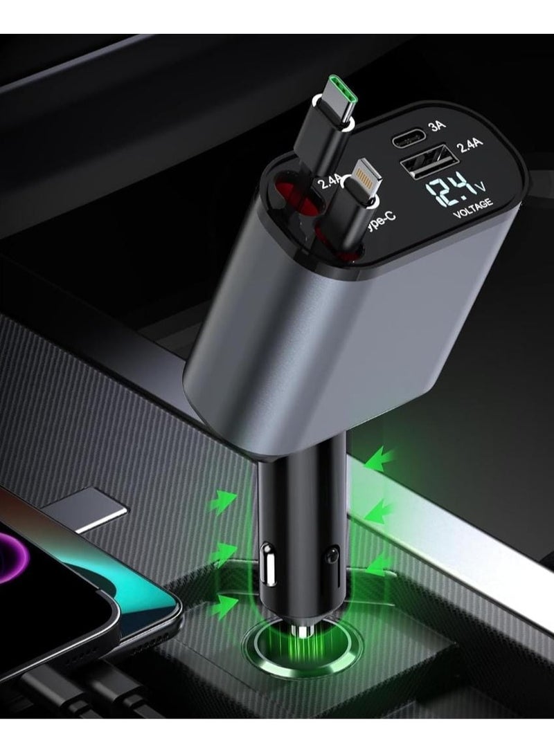 Retractable Car Charger 4 in 1 Fast Charging Adapter with Type C Cable, Dual USB Ports, Voltage Display, 60W Power Compatible with iPhone, iPad, Galaxy & More - Image 1