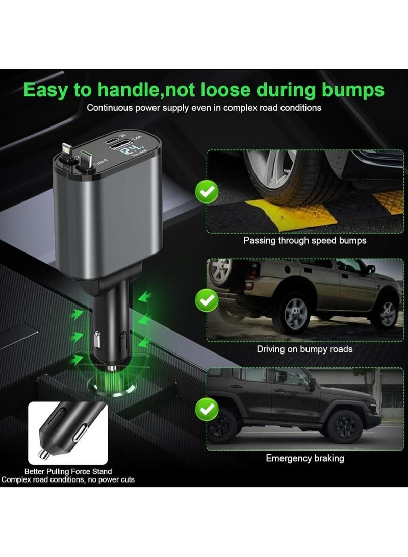 Retractable Car Charger 4 in 1 Fast Charging Adapter with Type C Cable, Dual USB Ports, Voltage Display, 60W Power Compatible with iPhone, iPad, Galaxy & More - Image 3