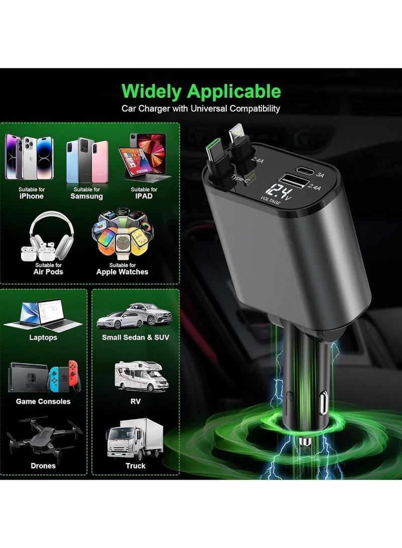 Retractable Car Charger 4 in 1 Fast Charging Adapter with Type C Cable, Dual USB Ports, Voltage Display, 60W Power Compatible with iPhone, iPad, Galaxy & More - Image 4